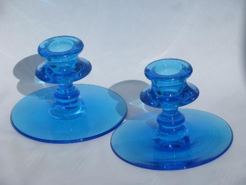 mod low candlesticks, pair retro vintage glass candle holders, electric blue laser color