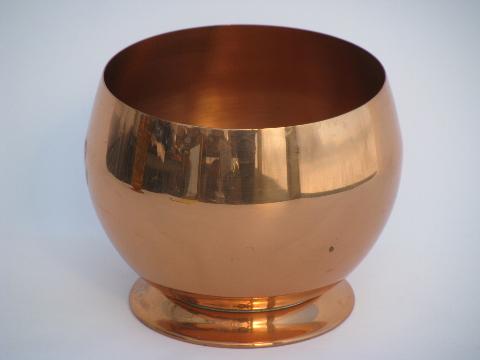mod round vintage solid copper bowl, large ball vase