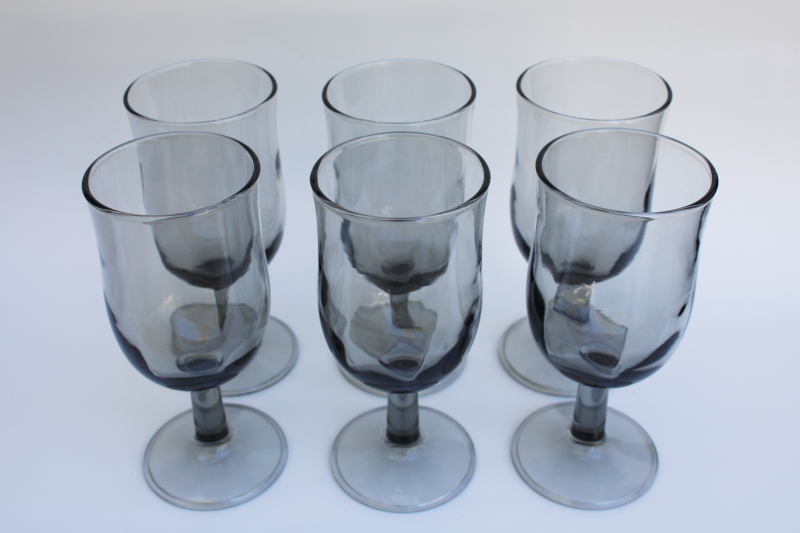 mod smoke grey glass wine glasses, retro barware tulip shape goblets set of 6