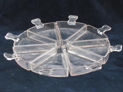 mod triangle wedge shaped relish trays, 60s vintage glass dishes for lazy susan