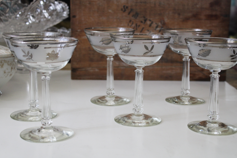 mod vintage Libbey coupe shape champagne or cocktail glasses, silver foliage leaves pattern glass