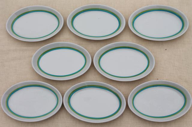 mod vintage Shenango Form white ironstone china oval plates, retro blue & green bands