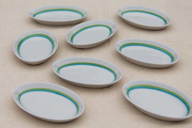 mod vintage Shenango Form white ironstone china oval plates, retro blue & green bands