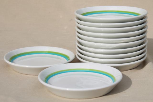 mod vintage Shenango Form white ironstone china plates, retro color bands sky blue & grass green