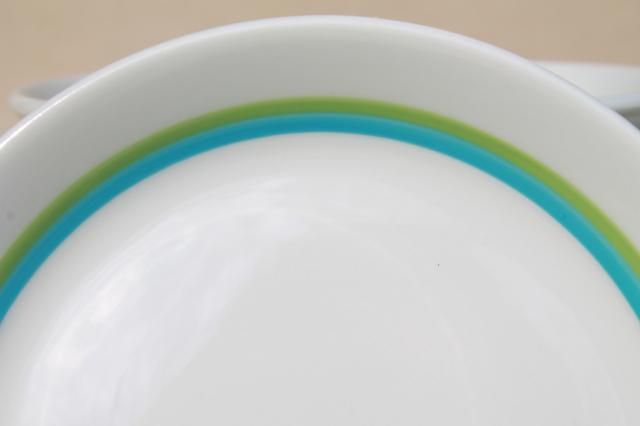 mod vintage Shenango Form white ironstone china plates, retro color bands sky blue & grass green