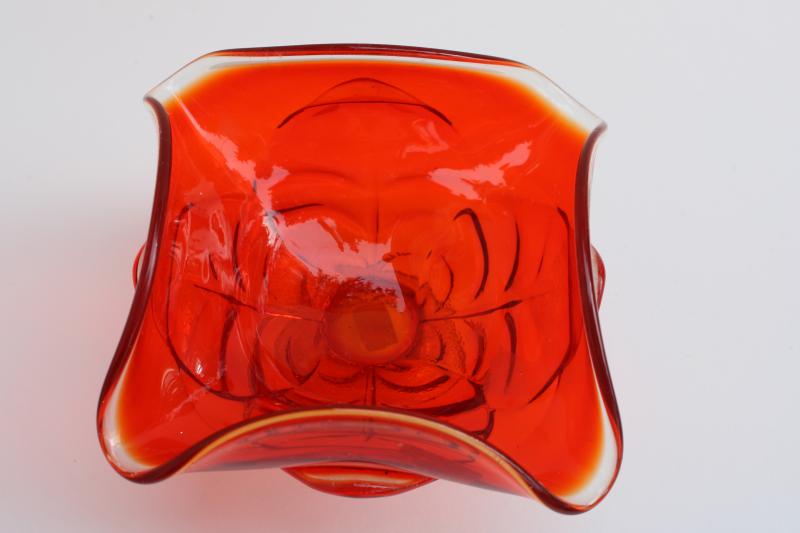 mod vintage Viking art glass candy dish w/ label, cabbage leaf pattern in orange