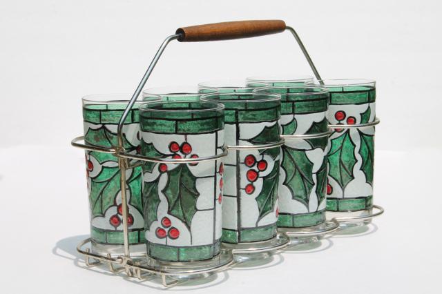 mod vintage West Virginia glass tumblers set in carrier rack, Christmas holly drinking glasses