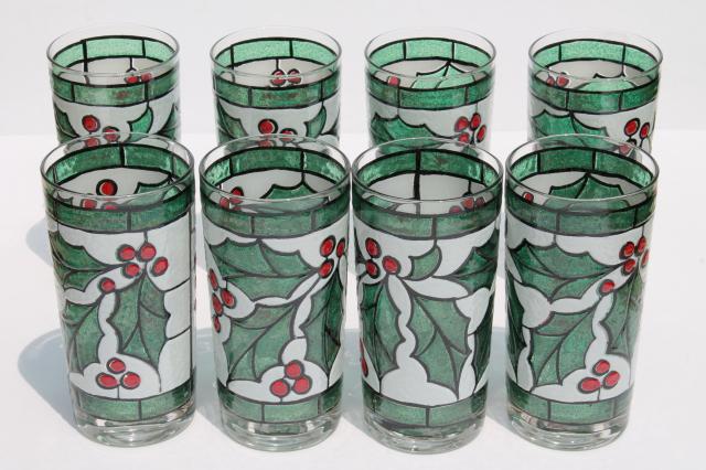 mod vintage West Virginia glass tumblers set in carrier rack, Christmas holly drinking glasses