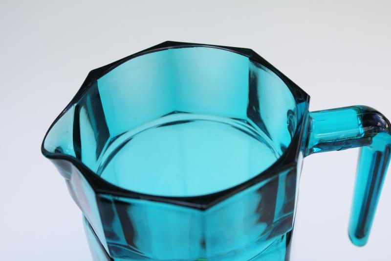 mod vintage aqua glass refrigerator water pitcher, octagonal carafe w/ handle