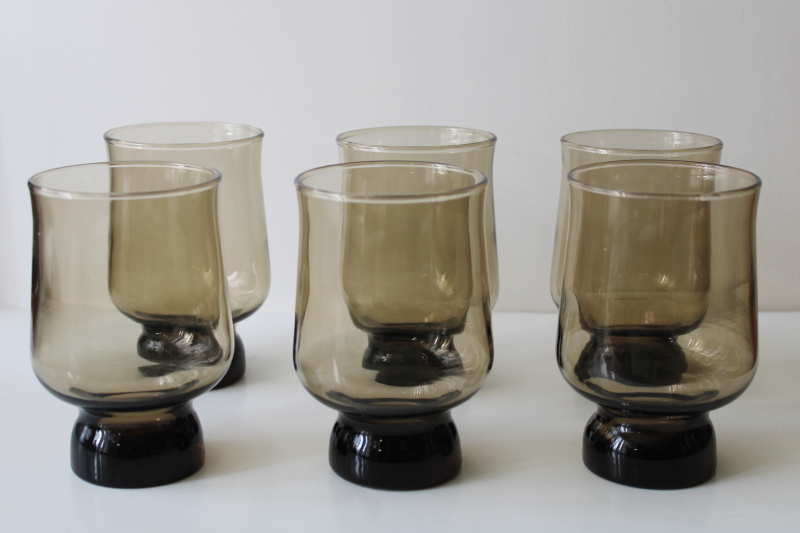 mod vintage barware, tawny brown smoke glass tumblers set, retro bar drinking glasses