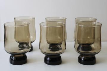 mod vintage barware, tawny brown smoke glass tumblers set, retro bar drinking glasses