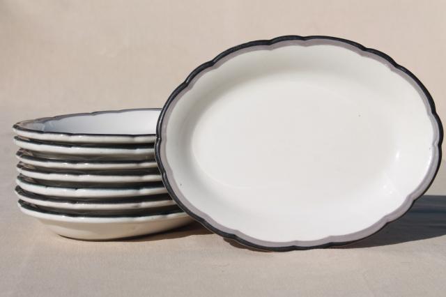 mod vintage black, grey, white china oval dinner plates / surf & turf platters