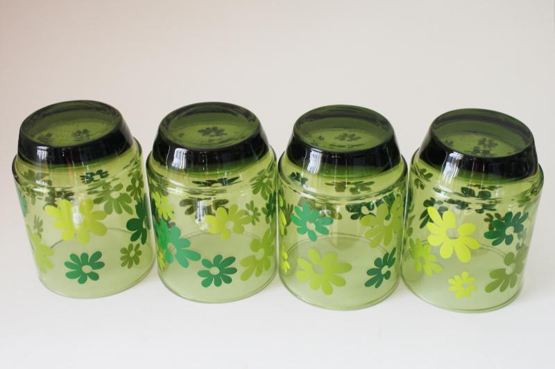 mod vintage crazy daisy flower print green glass double old fashioned glasses, big tumblers