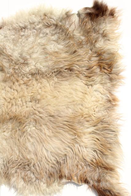 mod vintage fur hide rug or chair cover, wool shag pile leather sheepskin, hippie style
