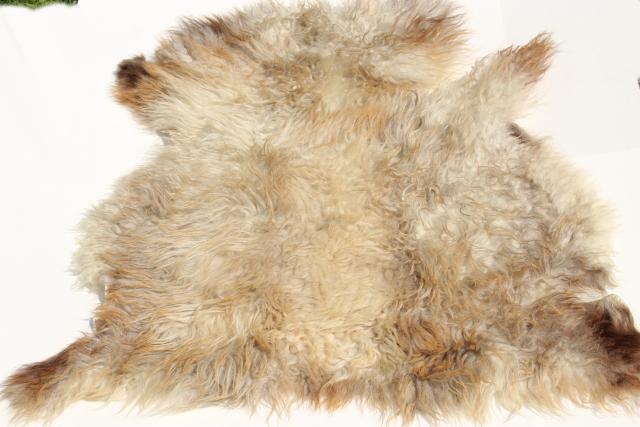 mod vintage fur hide rug or chair cover, wool shag pile leather sheepskin, hippie style