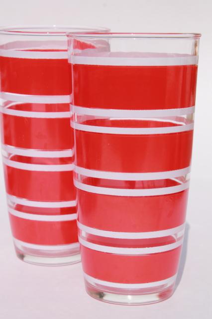 mod vintage glass drinking glasses w/ red & white stripes, fun retro glassware set