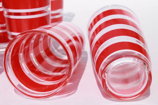 mod vintage glass drinking glasses w/ red & white stripes, fun retro glassware set