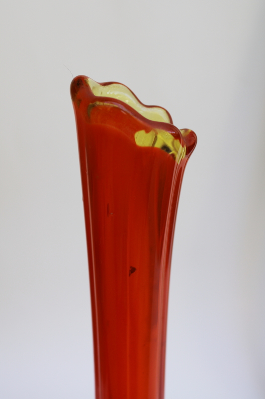 mod vintage swung shape bud vase, retro flame orange hand blown art glass