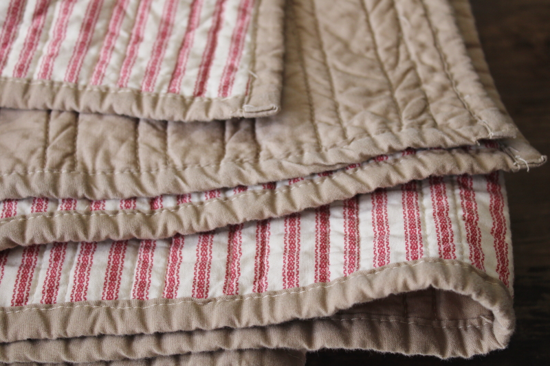 modern farmhouse barn red ticking stripe tan cotton quilt, quilted throw blanket