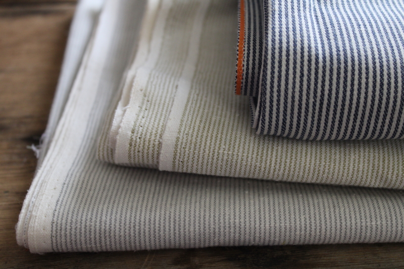 modern farmhouse style fabric lot, pillow ticking print, grey, indigo, tan fine stripes