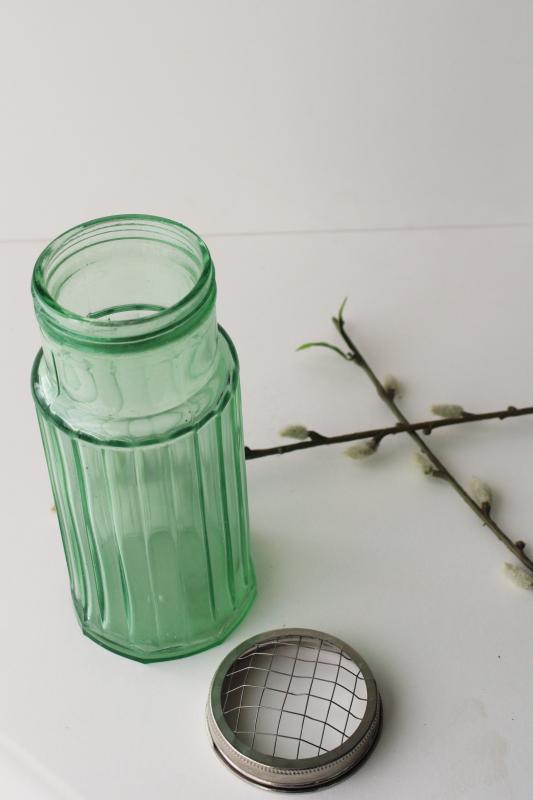 modern farmhouse style flower holder, vintage style green glass tall ribbed jar