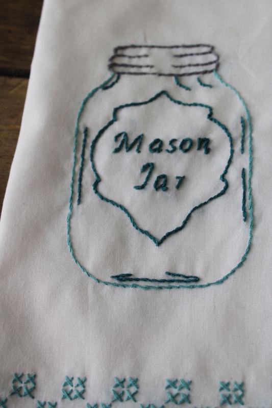 modern farmhouse style hand embroidered Mason jar towel, vintage kitchen