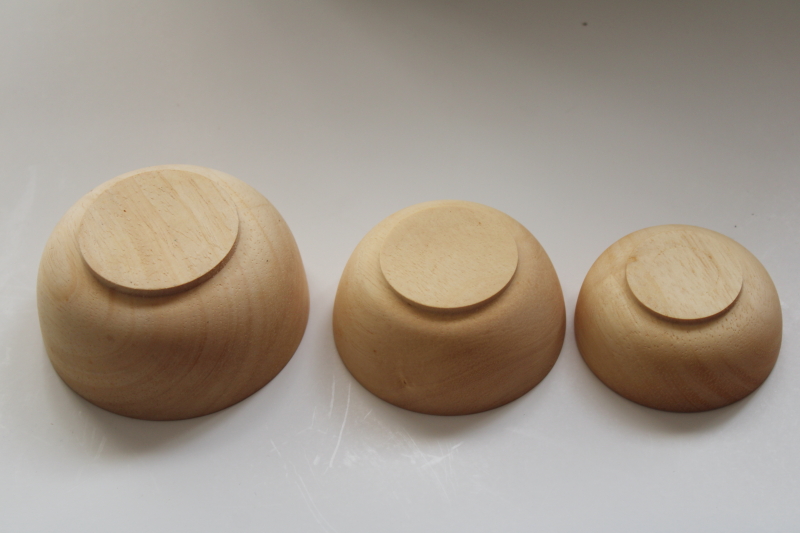 modern rustic natural wood bowls, nesting set of mini bowls doll dishes size
