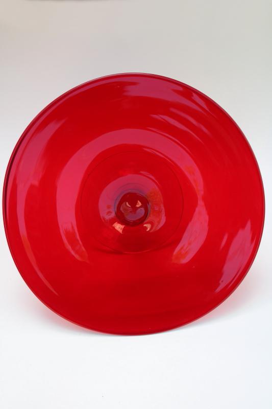 modern vintage glass cake stand, big ruby red plate w/ clear glass foot