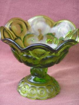moon and stars, green ruffled glass candy dish