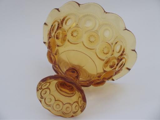 moon and stars pattern glass fruit compote bowl, vintage amber glass dish