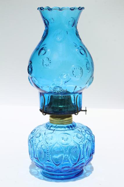 moon & stars pattern blue glass font & hurricane chimney shade, vintage kerosene oil lamp