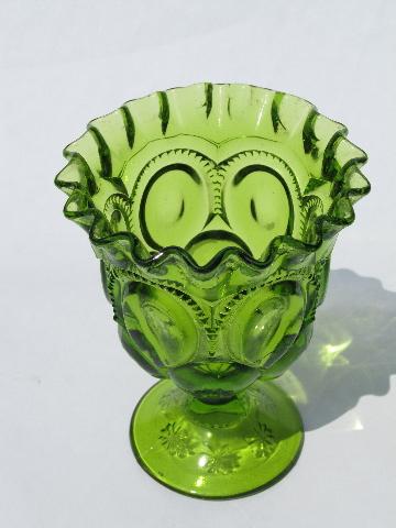 moon & stars pattern glass ruffled edge goblet vase, vintage green