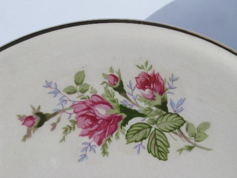 moss rose pink roses, vintage cake salver serving plate plateau, old USA pottery