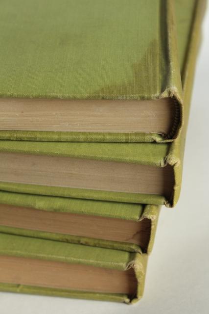 mossy green vintage books, French romances faded worn photo prop library display