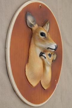 mother & baby fawn deer wall art, rustic vintage chalkware deer head wall plaque