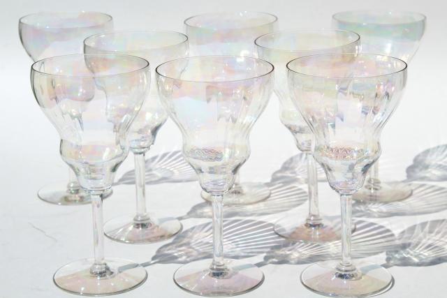 mother of pearl iridescent glass wine glasses, vintage tulip shape goblets