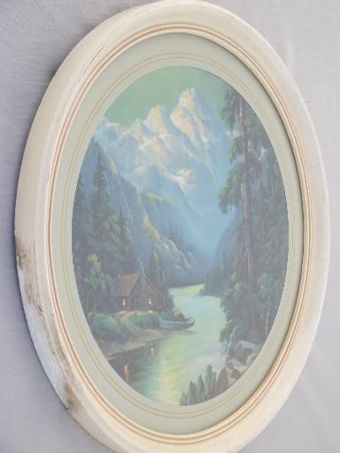 mountain cabin scene antique framed round print, R Atkinson Fox vintage