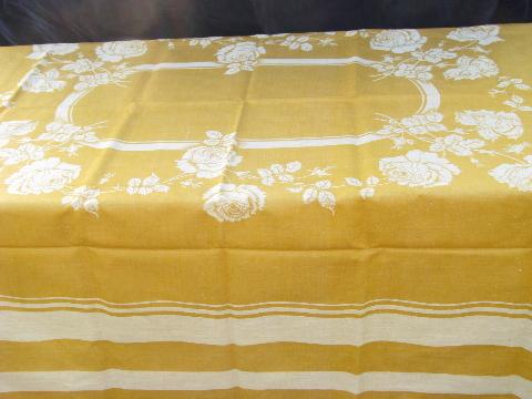 mustard gold french country style vintage pure linen damask tablecloth, never used
