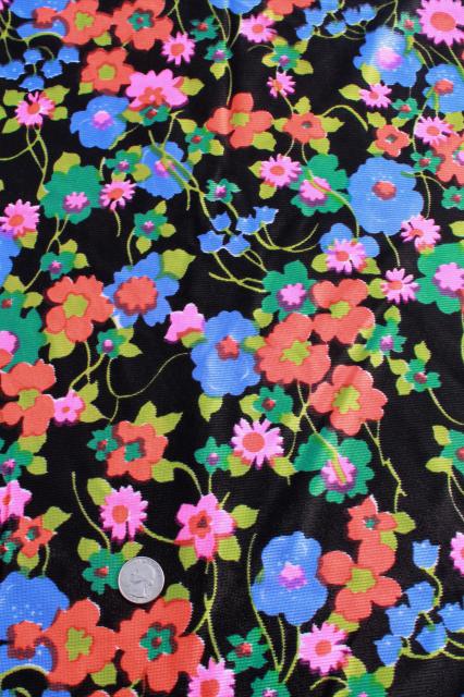 neon flowers on black vintage print polyester tricot fabric, retro dress / lingerie material