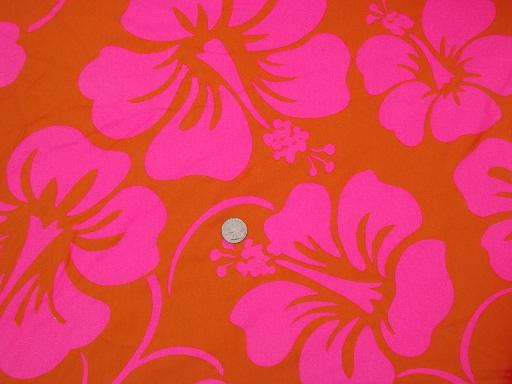 neon orange and pink vintage Hawaiian print fabric, big tropical flowers