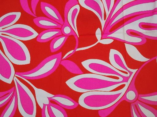 neon orange and pink vintage Hawaiian print fabric, huge tropical flowers