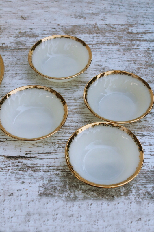 never used MCM vintage Fire King gold trim swirl pattern milk glass dishes, set for 4
