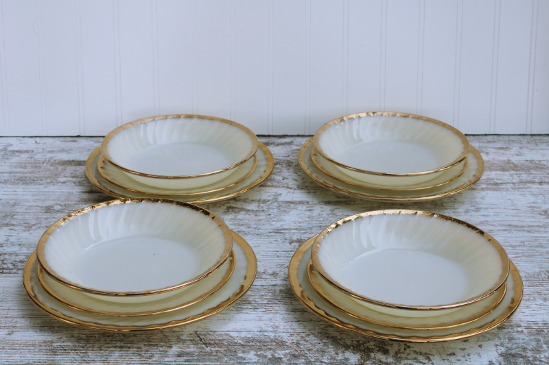 never used MCM vintage Fire King gold trim swirl pattern milk glass dishes, set for 4