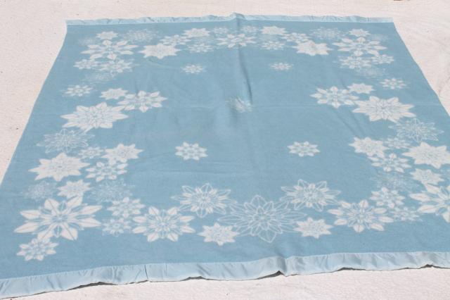 never used vintage acrylic blanket, reversible blue & white flowers & snowflakes