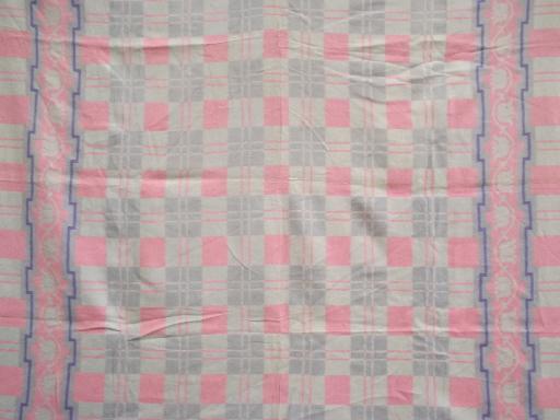 never used vintage cotton camp blanket, retro 50s pink and grey tulips