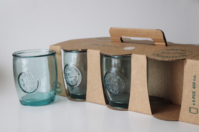 new in box set San Miguel 100 percent recycled glass tumblers, Spanish green drinking glasses