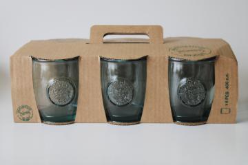 new in box set San Miguel 100 percent recycled glass tumblers, Spanish green drinking glasses