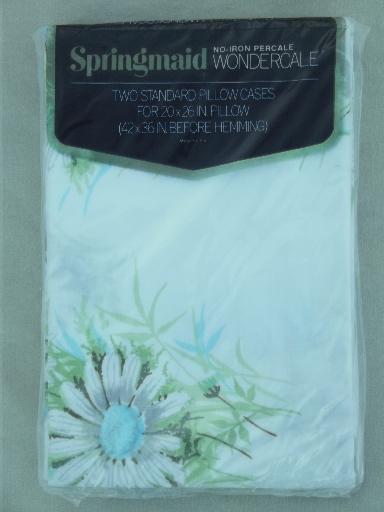 new in package vintage pillowcases, 70s retro green stripes, daisy print