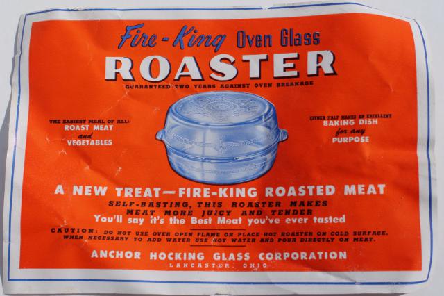 new w/ label vintage roaster Fire King sapphire blue depression glass roasting pan w/ cover