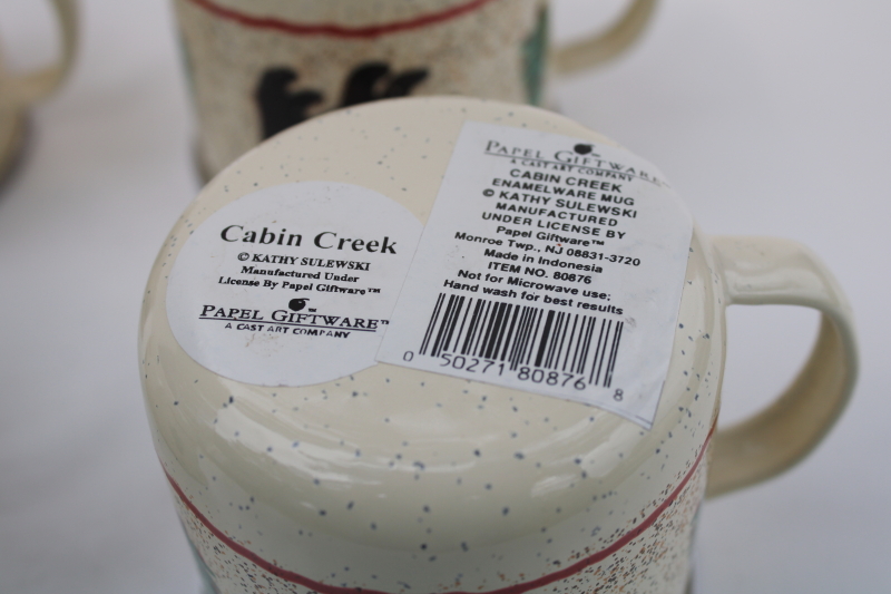 new w/ labels vintage Cabin Creek camp style enamelware mugs, rustic Christmas trees, moose bear